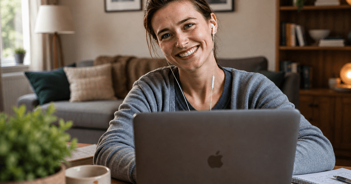 Easy English learner smiling at her laptop